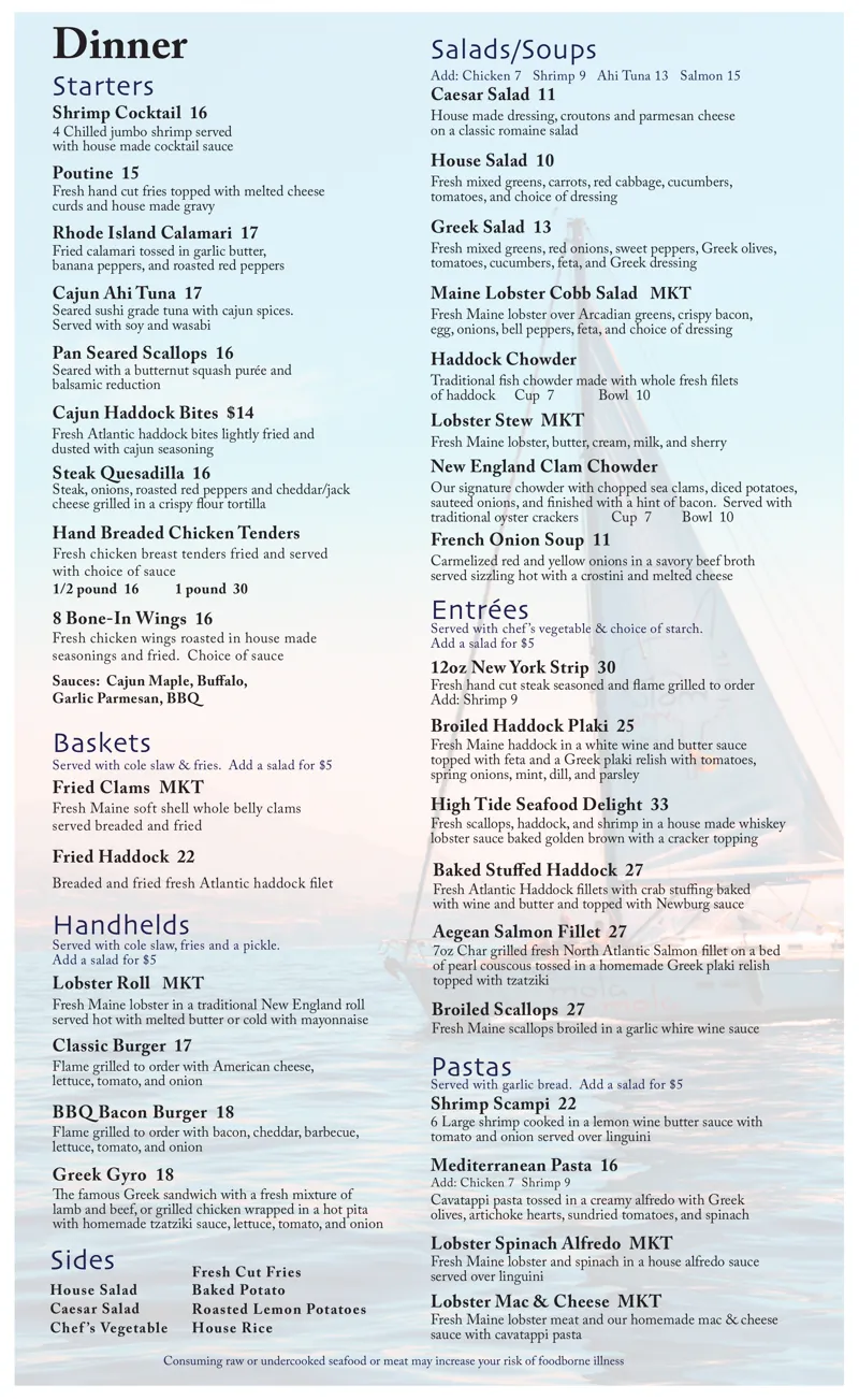 High Tide dinner menu: starters, salads and soups, baskets, handhelds, entrées, pastas and sides