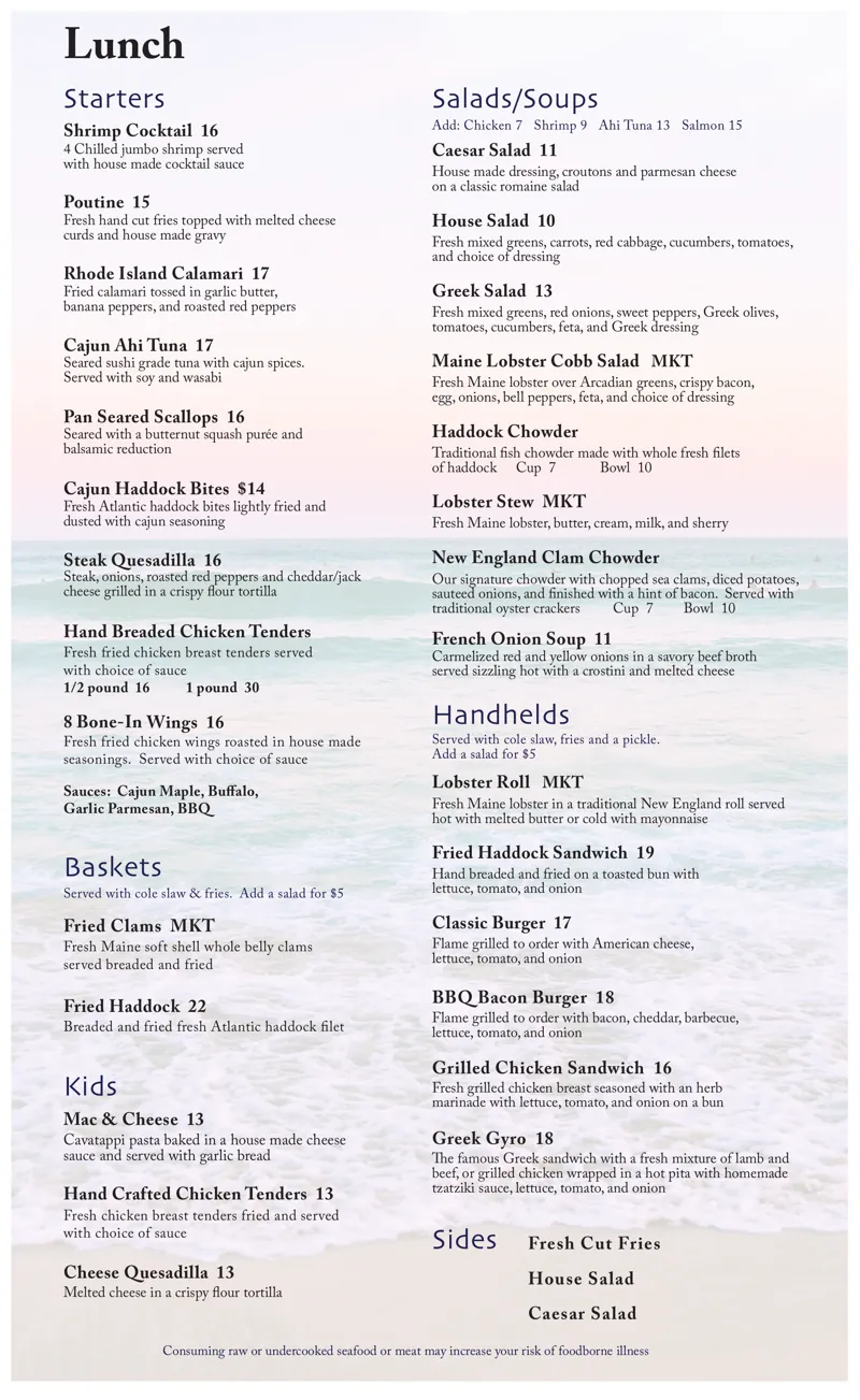 High Tide lunch menu: starters, salads and soups, baskets, handhelds, kids and sides
