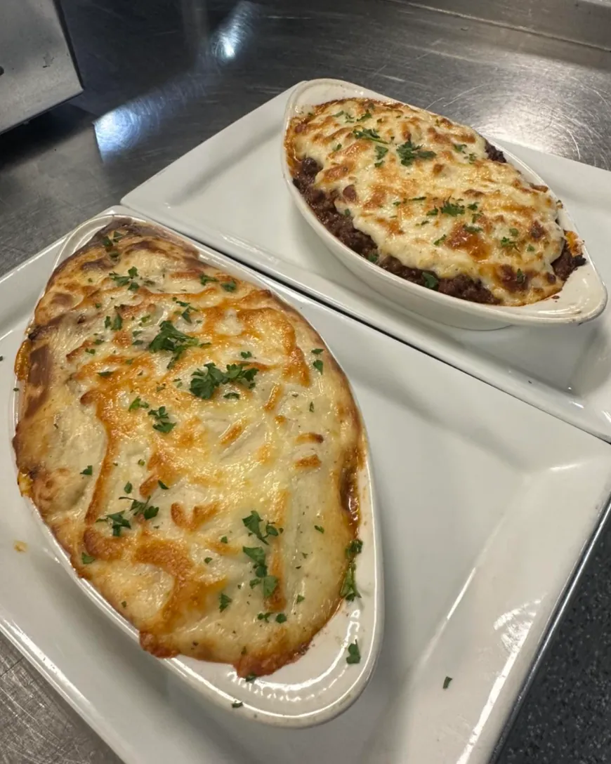 Pastitsio and moussaka fresh from the oven